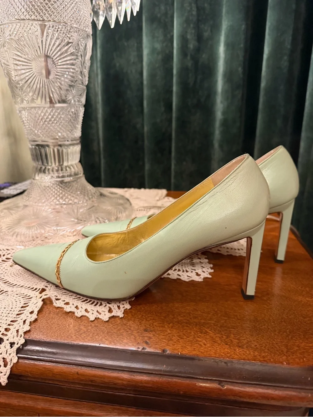 St. John Mint Green Pointed Toe Pumps with Gold Chain Accent